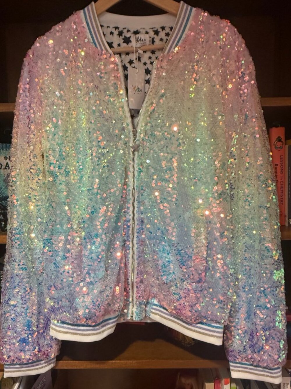 NWT Lola + The Boys Rainbow Iridescent Sequin Bomber Jacket XL